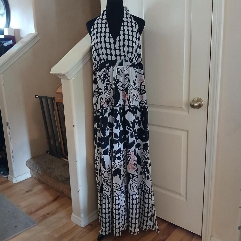 Lane Bryant black/white mixed floral polka dot halter top tiered maxi dress 18